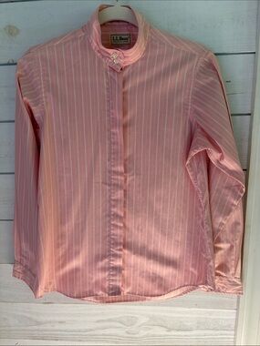 VTG L.L. Bean Pink White Striped Mandarin Collar Blouse Single Needle USA 10
